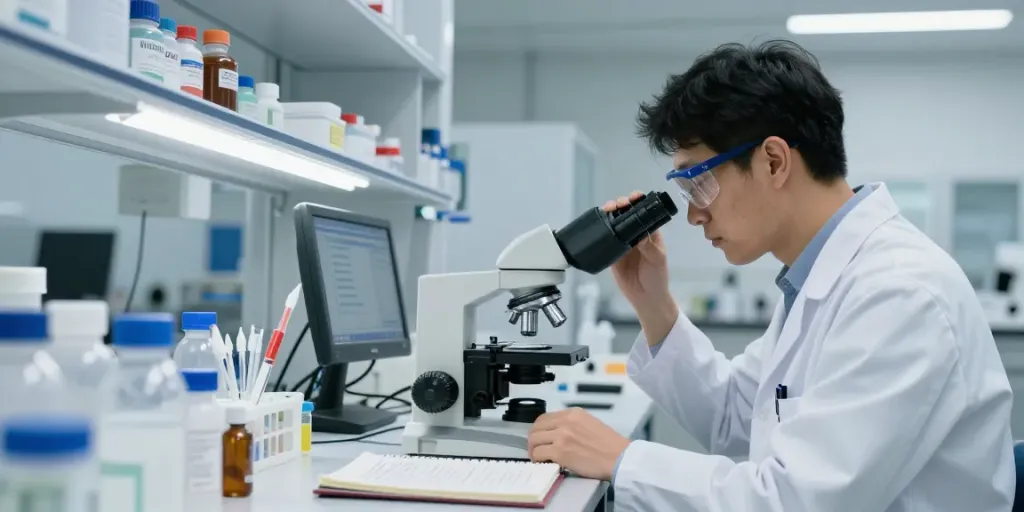 Scientist examining research peptides in a modern lab setting.