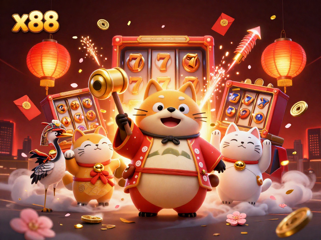 Experience exciting wins at x88 with a cheerful tanuki and festive elements in a vibrant casino scene.