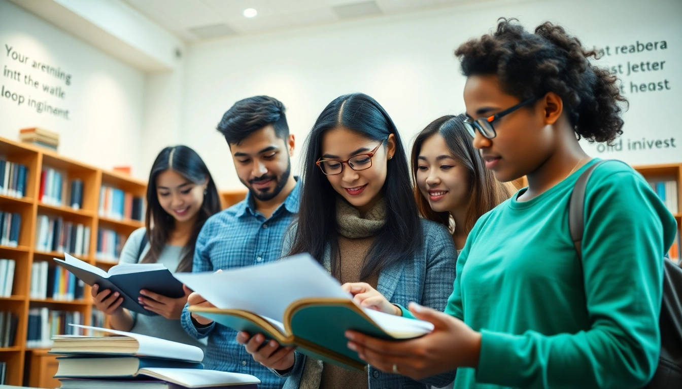 通过澳洲学签模拟申请学生签证的学生们在图书馆讨论。