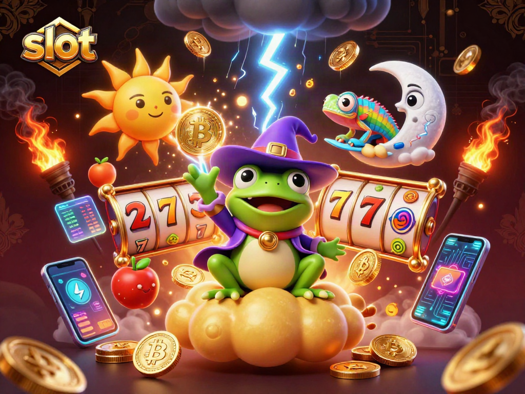 Spin vibrant slot reels with golden coin magic alongside whimsical characters.
