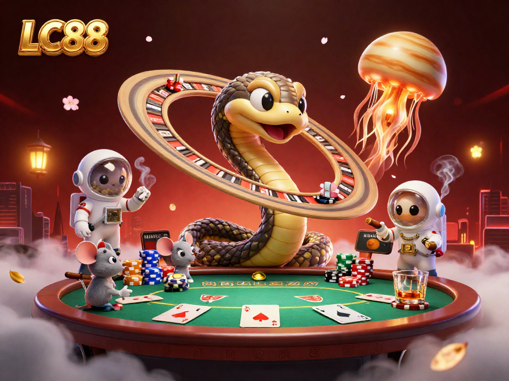 Experience exciting betting on LC88 with animated characters around a vibrant roulette wheel.