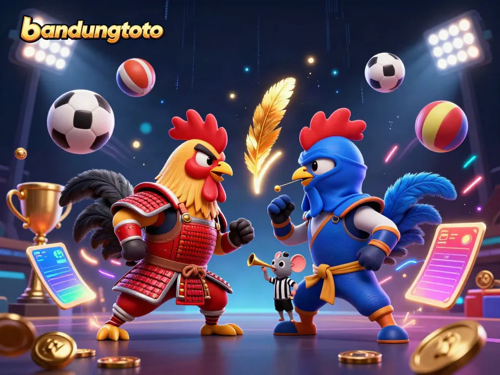 Exciting bandungtoto action with fighting roosters and vibrant sports elements