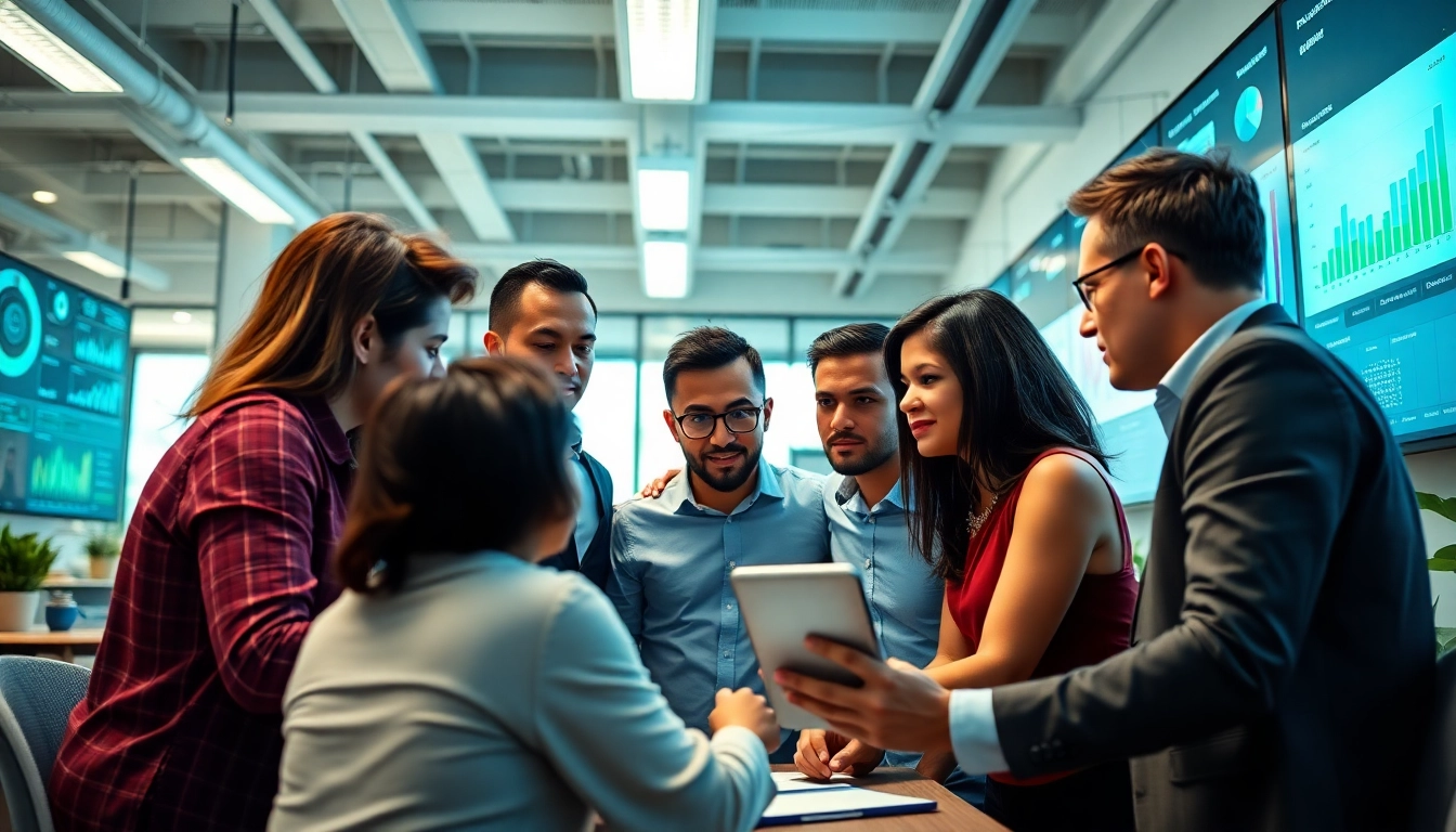 Team discussing strategies at a leading digital marketing agency in a vibrant office.