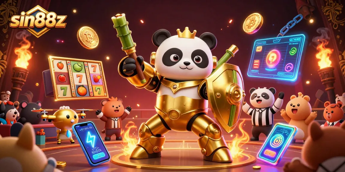 Experience sin88z with vibrant 3D casino action featuring a golden panda in a mech suit amidst lively gambling elements.