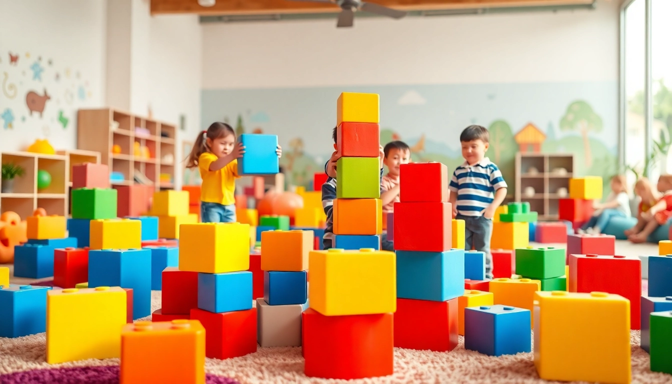 Children building with giant blocks, creating epic adventures with additional information on imaginative play.