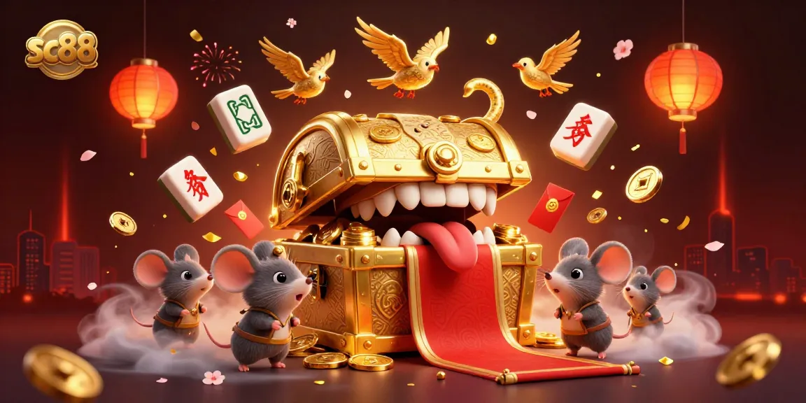 sc88 gameplay featuring a treasure chest mimic enticing mice with riches, glowing lanterns and festive elements