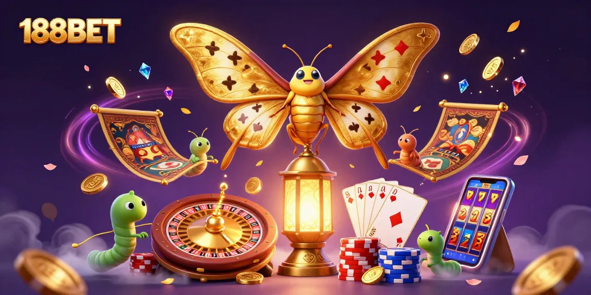 Experience thrilling casino adventures with 188BET's dynamic illustration showcasing games and rewards.