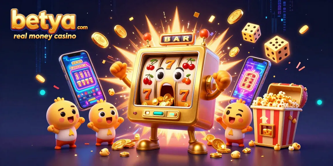 betya.com real money casino showcases a golden slot machine celebrating a jackpot with vibrant casino elements.