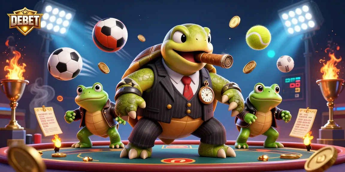 Experience thrilling sports betting action with DEBET featuring a turtle mobster and bullfrog enforcers.