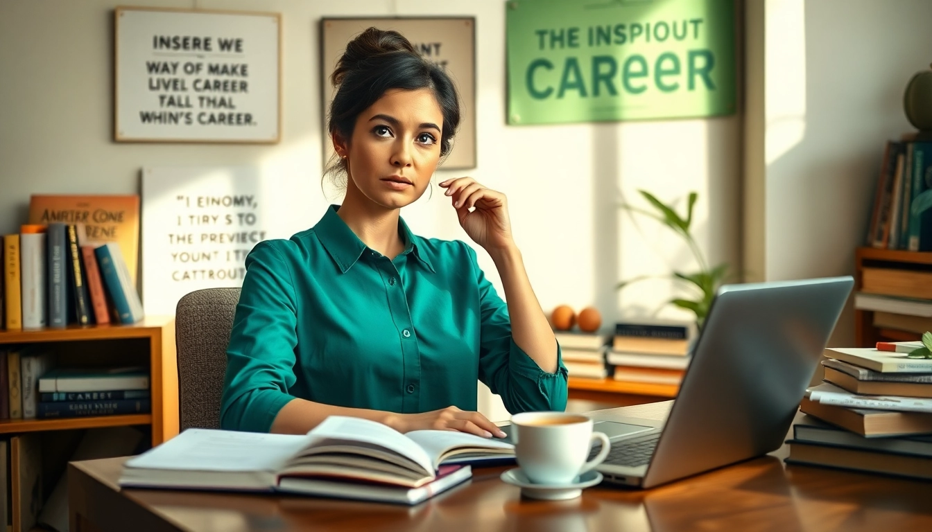Visualizing the Ideal Career through a woman thoughtfully exploring her career options in an inviting office.