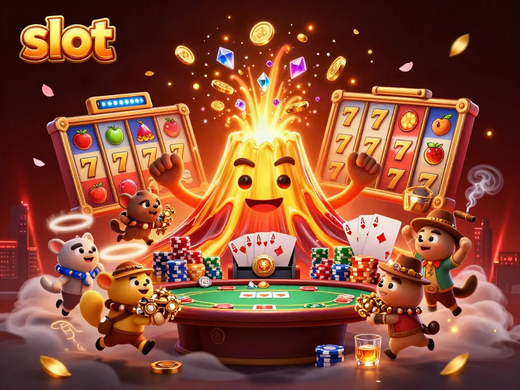 Spin slots and enjoy thrilling wins with a golden volcano spewing treasure in a vibrant casino.