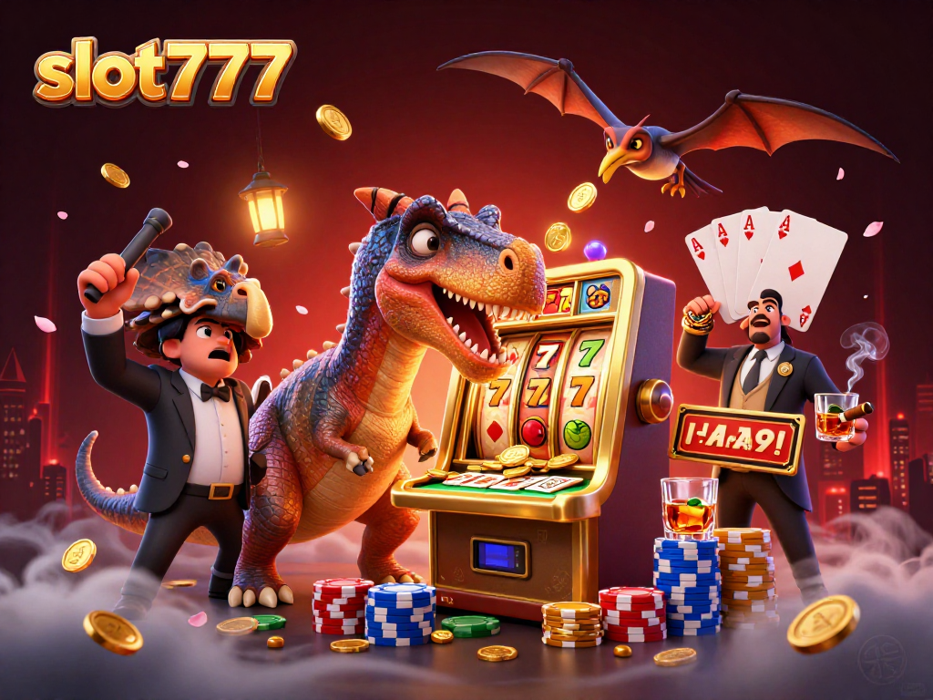 Experience the thrill of slot777 as a pachycephalosaurus wins a jackpot, while coins rain down!