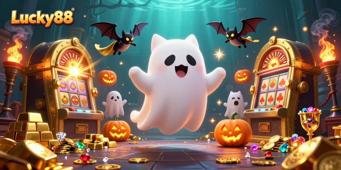 Experience Lucky88 with a friendly ghost cat and vampire bat in a vibrant haunted casino.