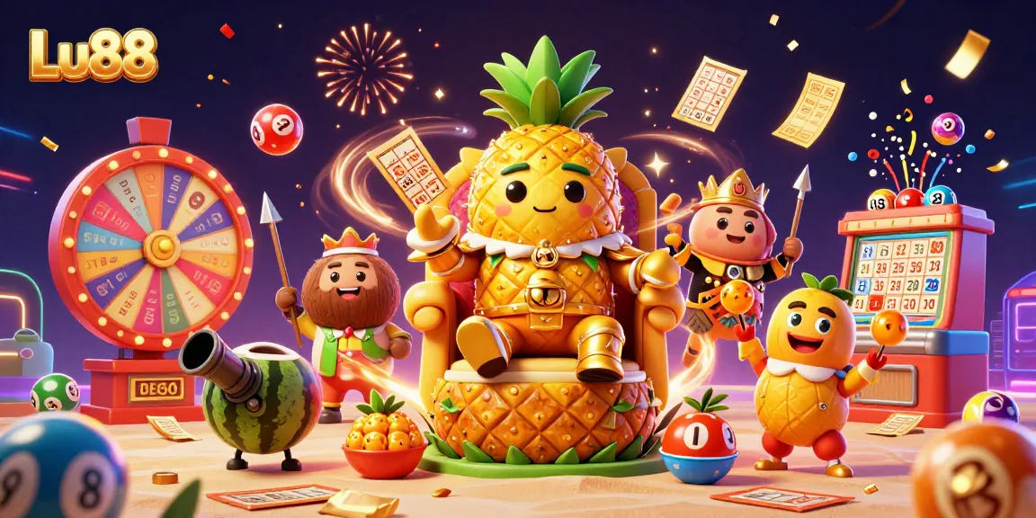 Lu88's vibrant lottery scene featuring a golden pineapple king and festive characters.