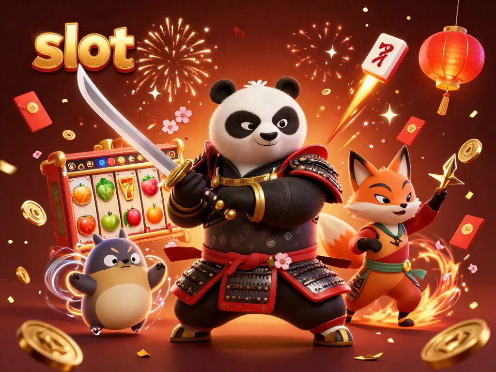 Engage with lively slot games featuring samurai and magical characters in a vibrant 3D casino scene.