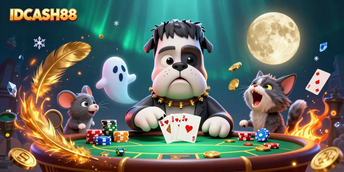 Engage with IDCASH88’s thrilling poker scene featuring a Frankenstein bulldog dealing cards amidst a haunting atmosphere.