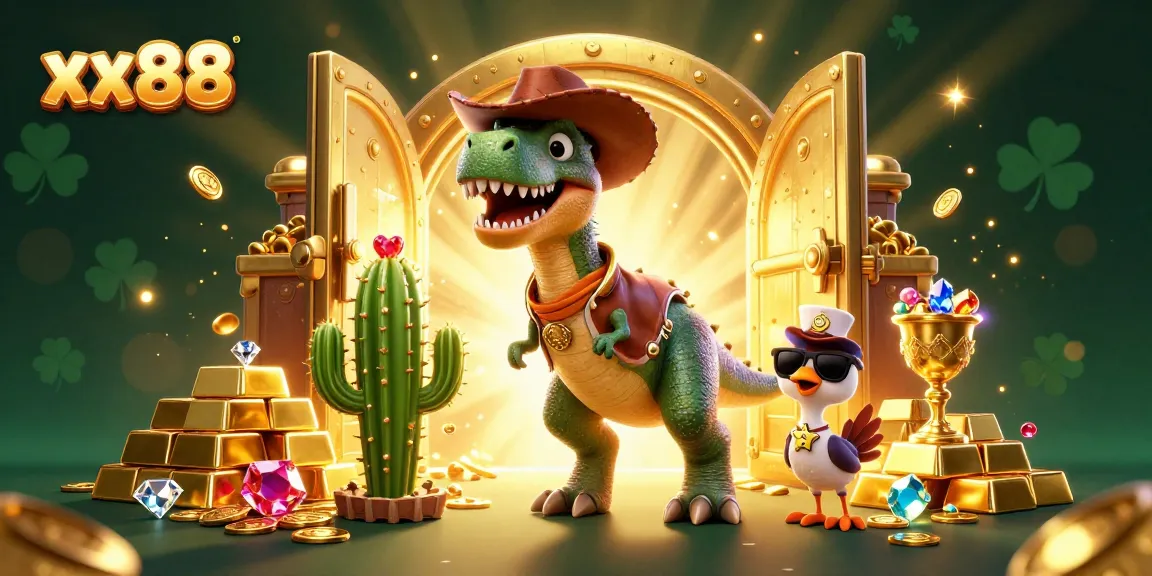 Experience exciting adventures with xx88’s cartoon characters amid a treasure-filled casino landscape.