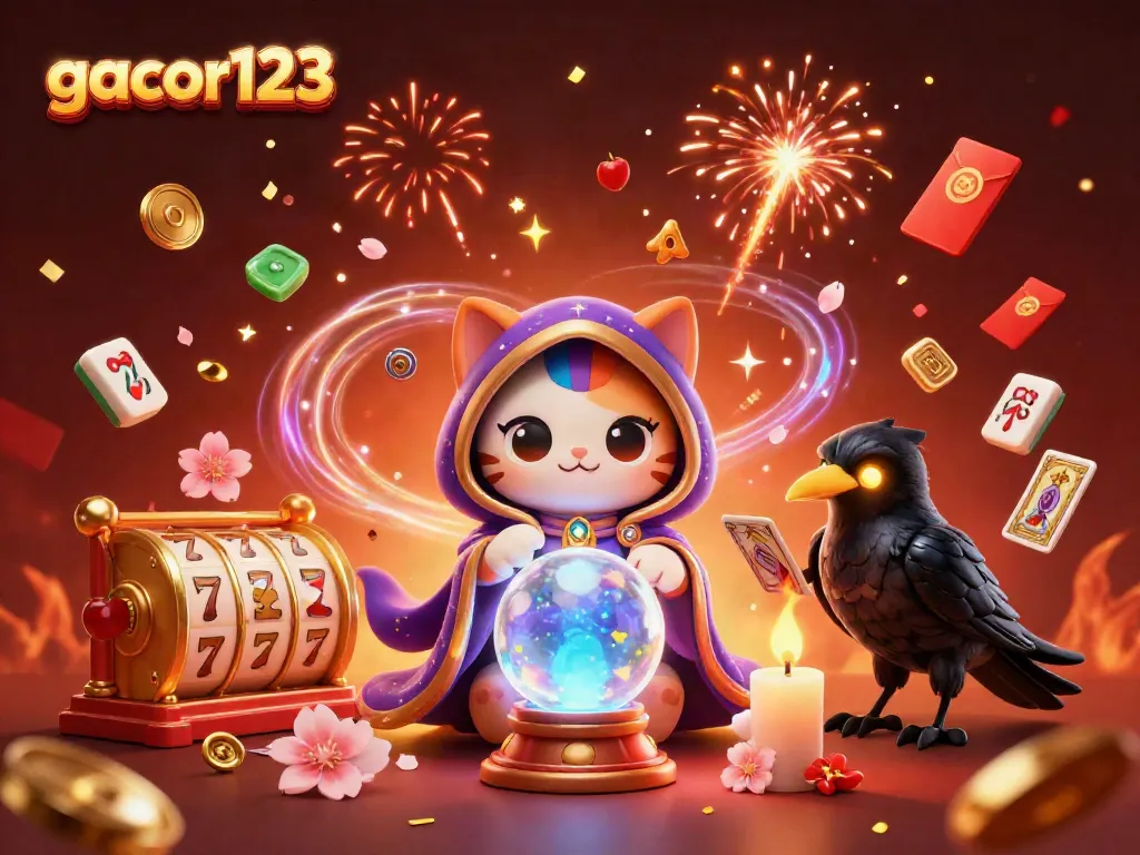 Join the thrilling action at gacor123 with vibrant 3D illustrations of slot games and magical casino elements.