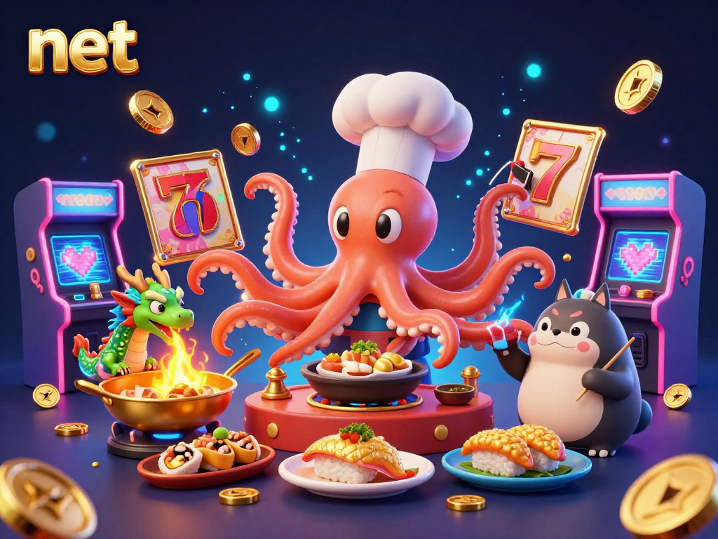 Experience net’s thrilling online casino with a dynamic sushi chef octopus and vibrant slot reels.