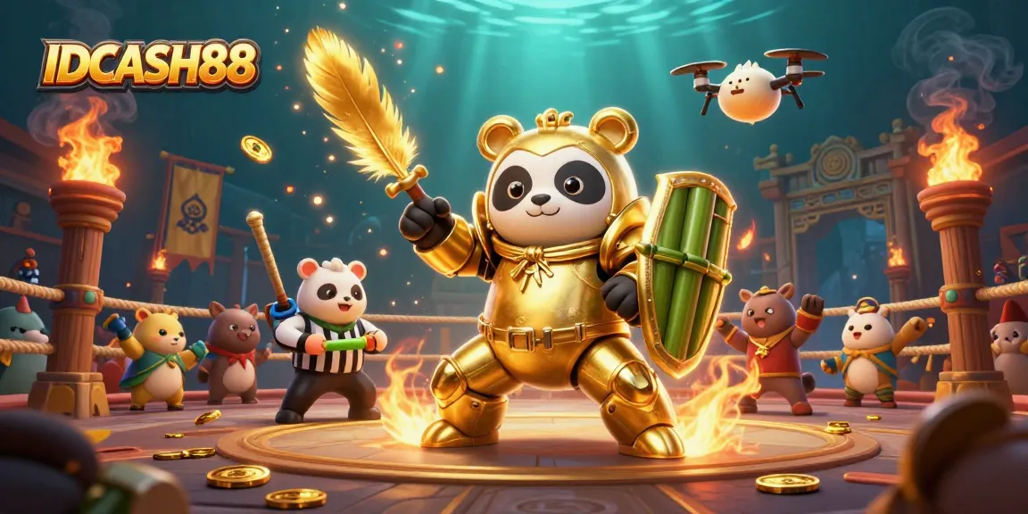 Experience thrilling gameplay with IDCASH88 featuring vibrant 3D panda combat in a dynamic arena.
