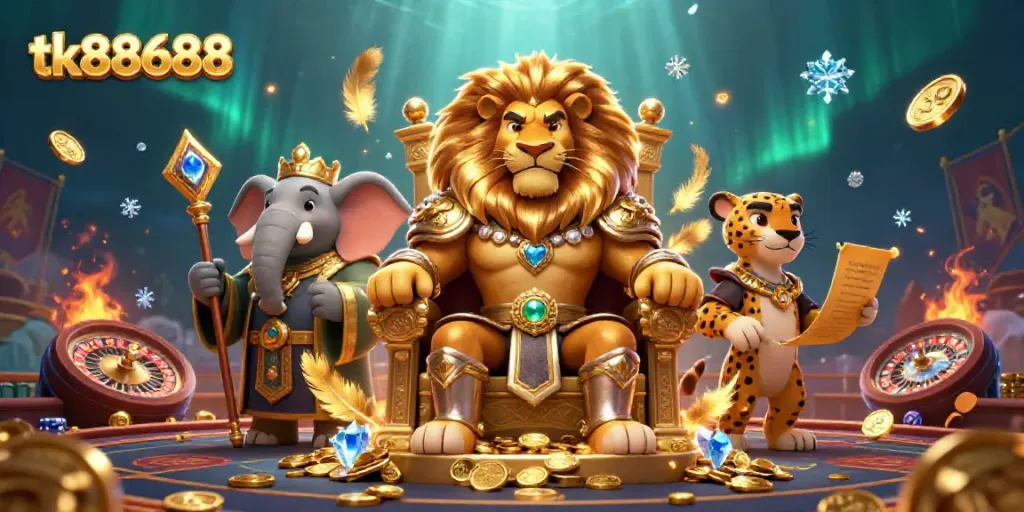Experience the thrill of tk88688 with a vibrant casino illustration featuring a lion king, wise elephant, and cheetah in action.