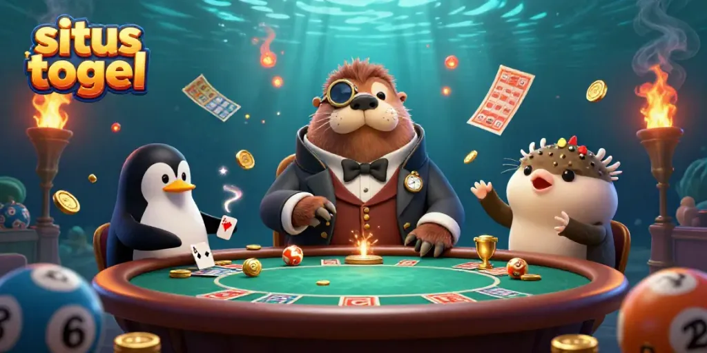 Engage with situs togel in an exciting underwater lottery scene featuring unique characters and vibrant elements.