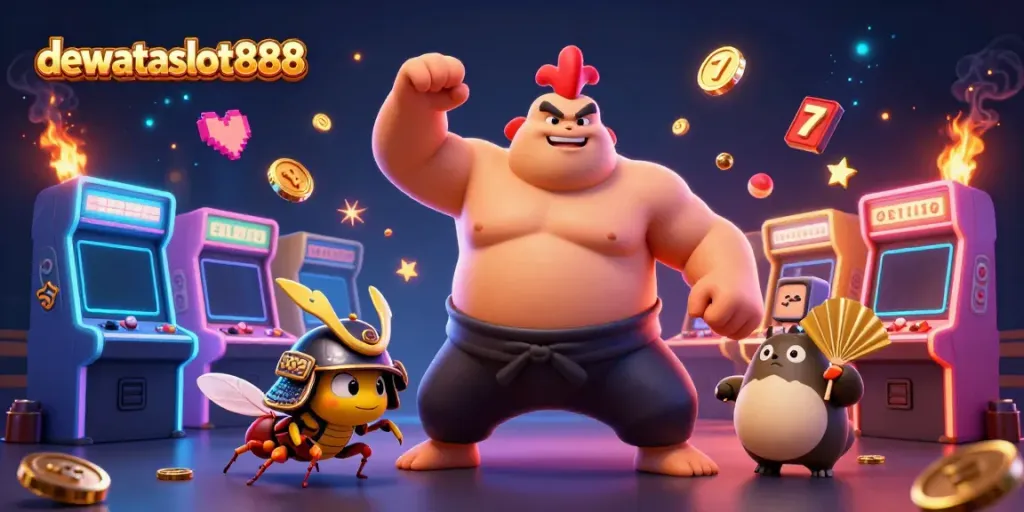 Slot gacor dewataslot888, berisi karakter sumo, kunyit samurai, dan penonton tanuki.