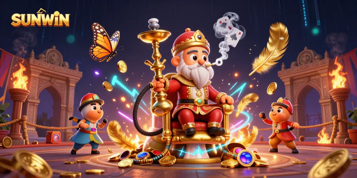 SUNWIN showcases a captivating 3D scene with a hookah-master and poker symbols, embodying a vibrant casino atmosphere.