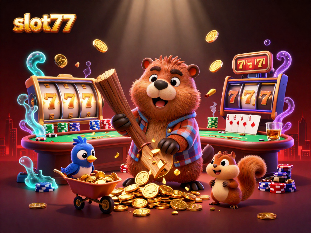 Experience the excitement of slot777 with golden coins raining down from playful characters in a vibrant casino scene.