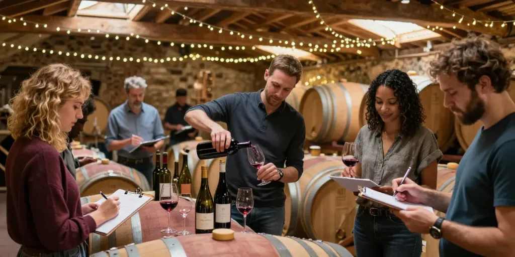 Diverse winemakers collaborating at AVP Wine Collective's rustic cellar, blending wines.