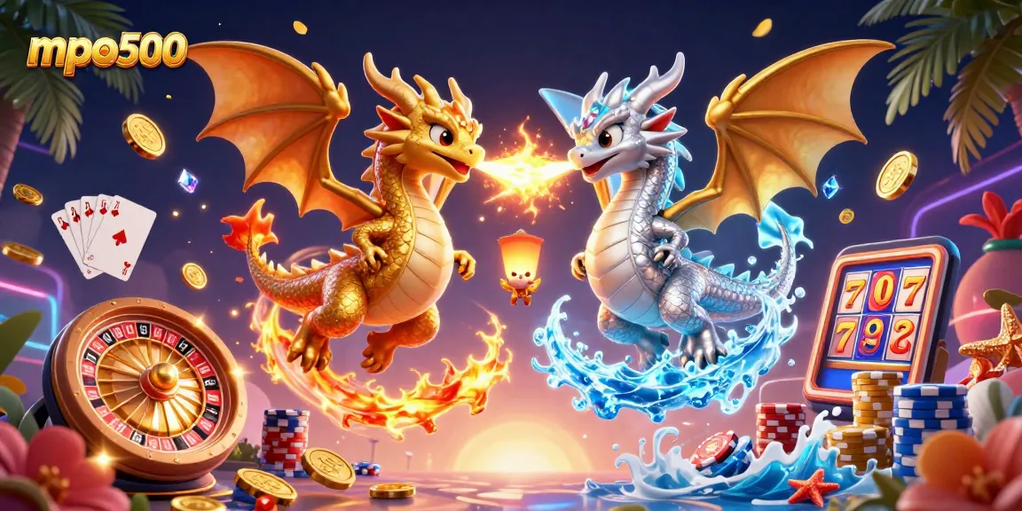 Experience winning adventures with mpo500 as golden dragons battle in a vibrant casino scene.