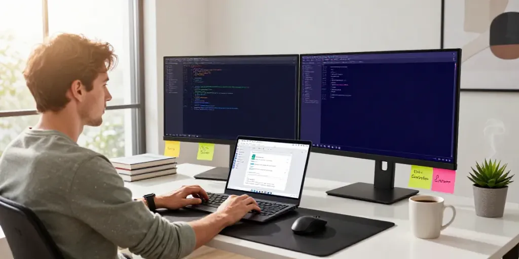 Developer using v2rayN VPN on dual monitors in a modern workspace