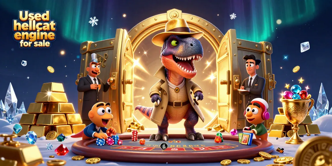 Used hellcat engine for sale illustration with playful dinosaur characters at a casino table.