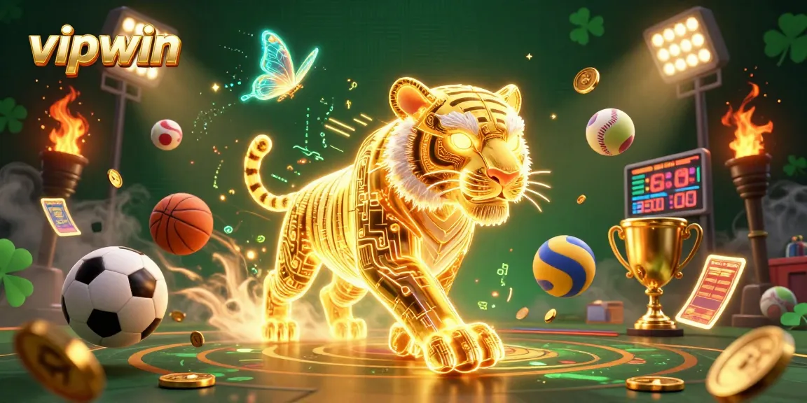 Win big at vipwin with dynamic sports betting and vibrant casino landscape featuring a golden tiger.