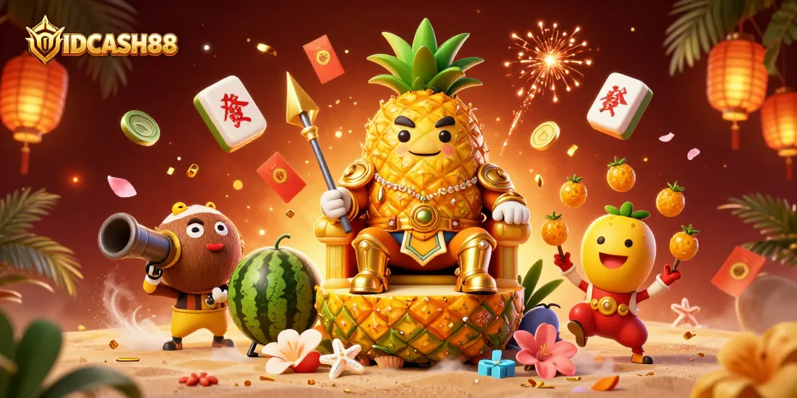 Play and win with IDCASH88 in a vibrant 3D casino scene featuring fruity characters and festive elements.