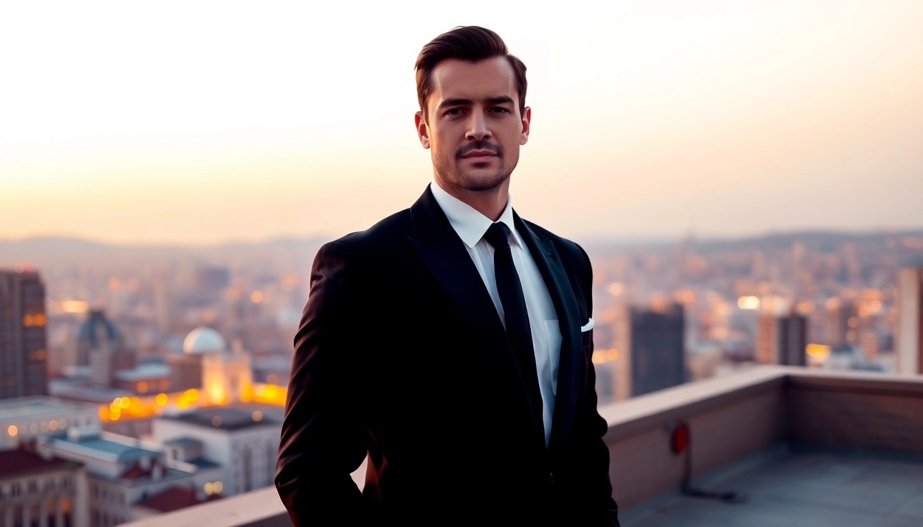 Man showcasing men's black formal attire in a sleek tuxedo against a city skyline backdrop.