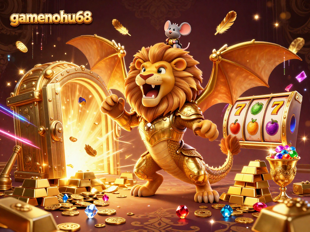 Experience the thrilling gameplay of gamenohu68 with an epic chimera and treasure-filled scene.