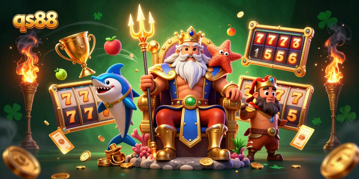 Experience exciting slots at qs88 with Neptune surrounded by golden trophies and dynamic game elements.