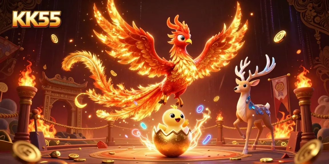 Engage in thrilling gameplay at KK55 with vibrant characters of a phoenix and stag in a dynamic casino scene.