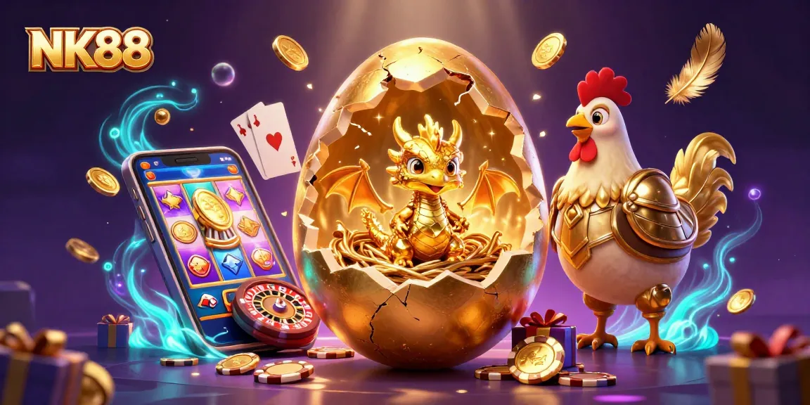 Join the adventure at NK88 featuring a golden dragon and treasures in a vibrant casino scene.