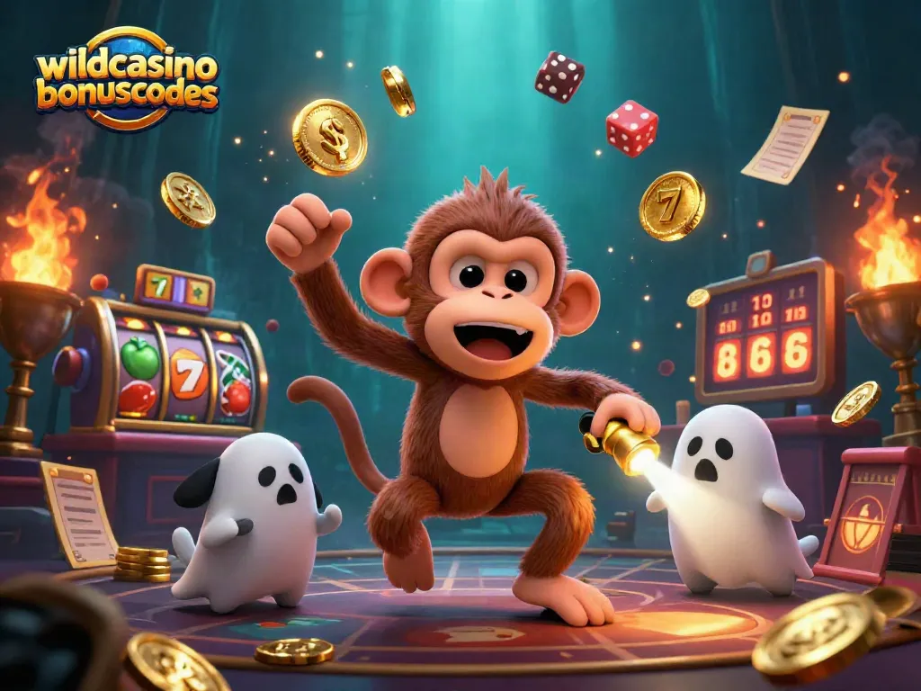Engage with wildcasinobonuscodes as the monkey juggles golden items in a vibrant haunted casino scene.