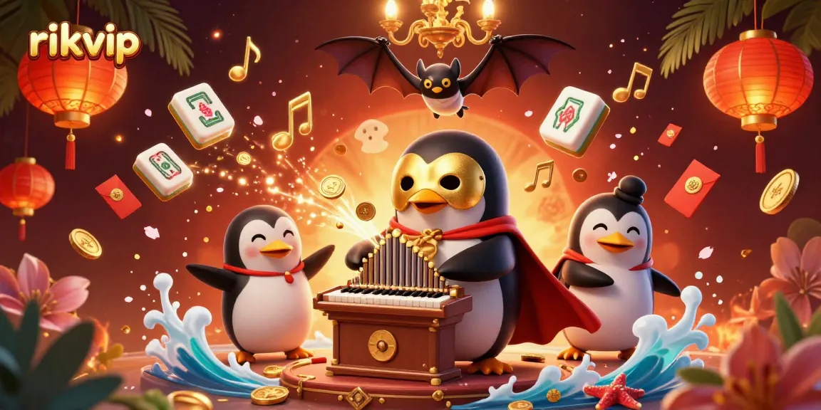 Engage with rkvip's vibrant games as the cartoon penguin plays amidst golden treasures and festive elements.