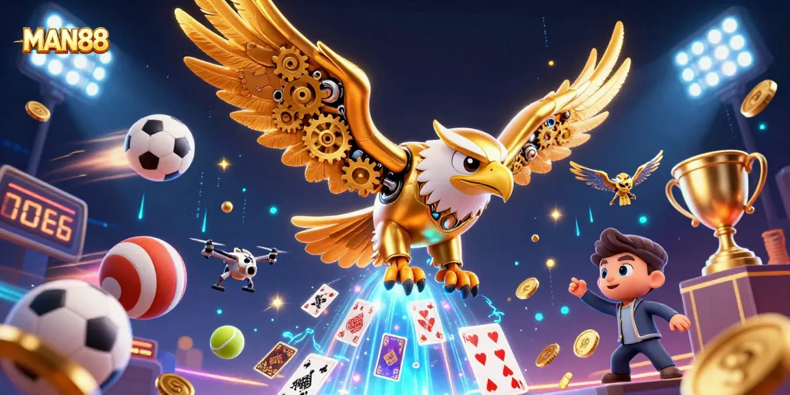 MAN88 immerses players in a vibrant 3D scene with a golden eagle, dynamic sports elements, and holographic visuals.