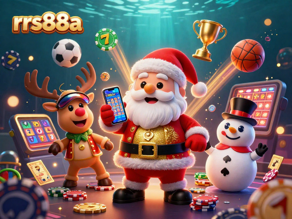 Play slots at rrs88a with Santa Claus and friends in a vibrant casino atmosphere.