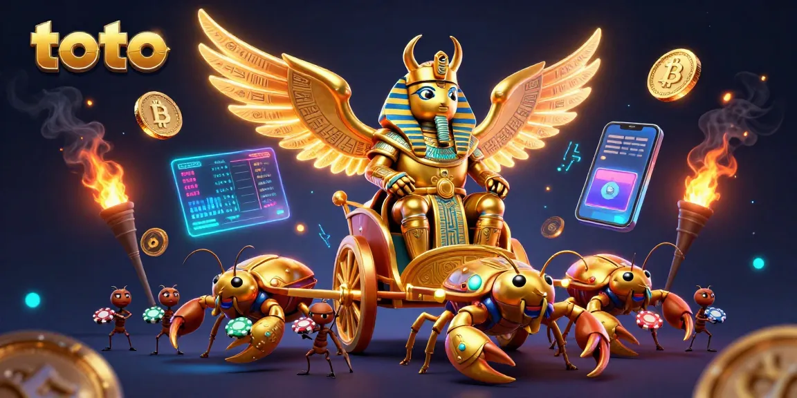 Menangkan permainan judi dengan toto di kasino ini, menampilkan skarab emas yang megah dan energi digital.
