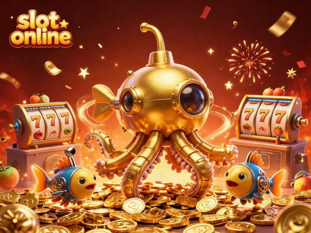 Experience thrilling slot online action with a golden kraken submarine amidst coins and lucky machines.