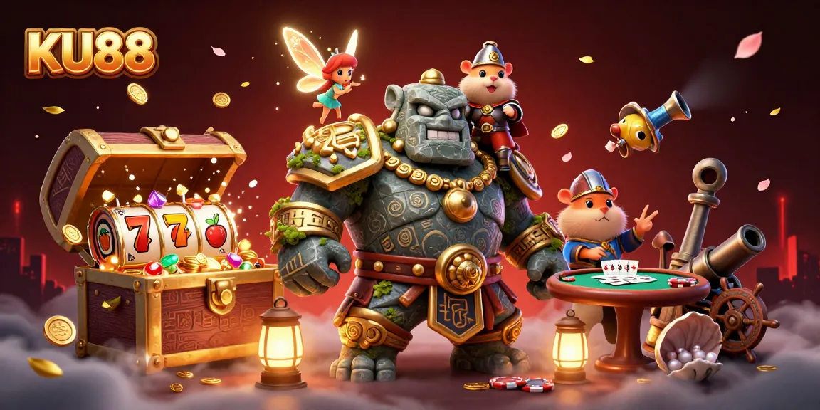 KU88 brings excitement with a vibrant scene of animated golems and fantasy gambling elements