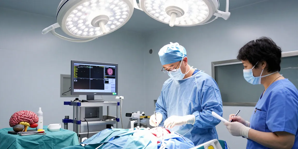 Beyin ameliyatı in a modern surgical setting with a neurosurgeon and nurse preparing for surgery.