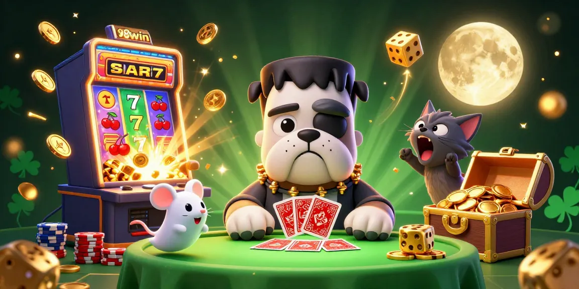 Engage with the thrilling 98win casino experience, where a cartoon bulldog dealer and vibrant games create excitement.