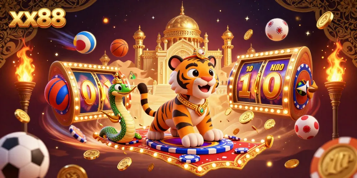 Spin the jackpots at xx88 with a stunning scene of a sultan on a poker chip carpet amidst lively slot and casino elements.